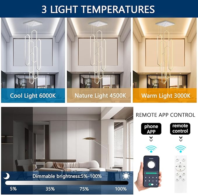 6 Rings Modern Chandelier LED Dimmable Pendant Lighting Adjust Flush Mount Ceiling Light for Entrance Foyer Lobby Staircaes