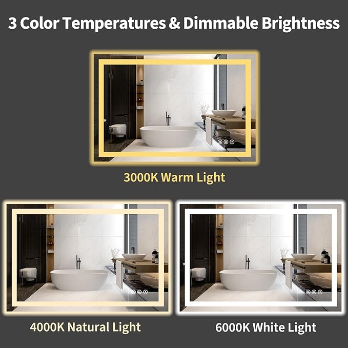 Koonmi 40"x30" LED Mirror for Bathroom, 90CRI Anti-Fog Vanity Mirror with Front and Backlight, Shatter-Proof Wall Mirror with Light, Easy Install Lighted Mirror for Modern Bathroom (IP65)