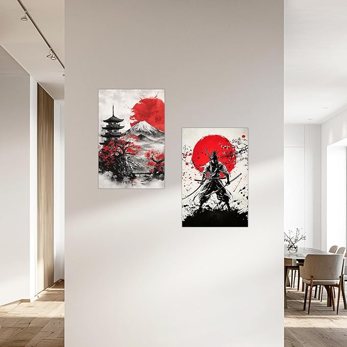 SWQYLB Japanese Wall Art 2 Piece Samurai Art Wall Decor Japanese Landscape Pictures Canvas Prints Asian Oriental Home Decor Framed (Black, (16"x24"x2 Pieces))