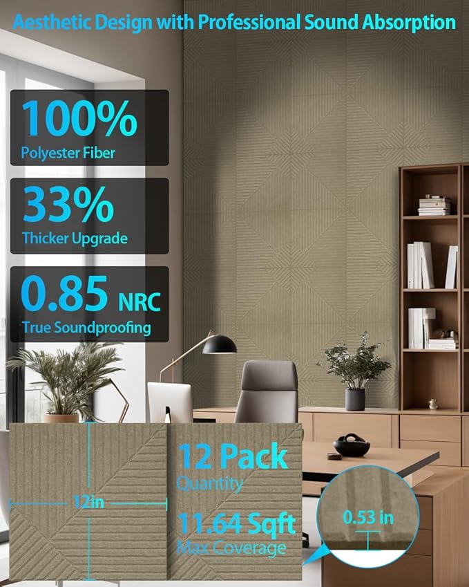 12 Pack Acoustic Wall Panels Self-Adhesive, 12" X 12" X 0.5" Decorative Acoustic Panels, Soundproof Wall Panels for Studio, Home & Living Room, Polyester - Three Zones Dark Cyan