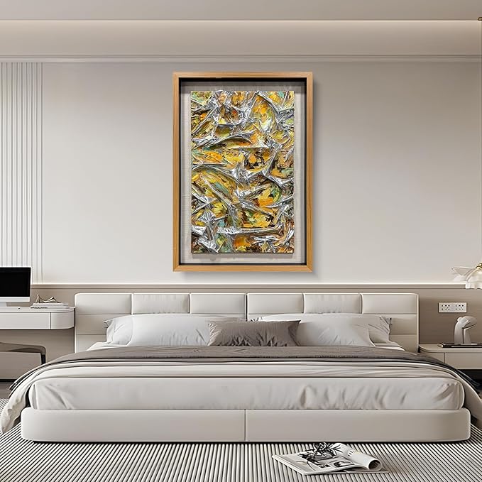 BrightA Textured silver leather abstract art - vibrant spray-painted fluid colors (yellow/orange/green) with solid wood frames, modern wall sculptures, contemporary living room 27.5"x 39.4"