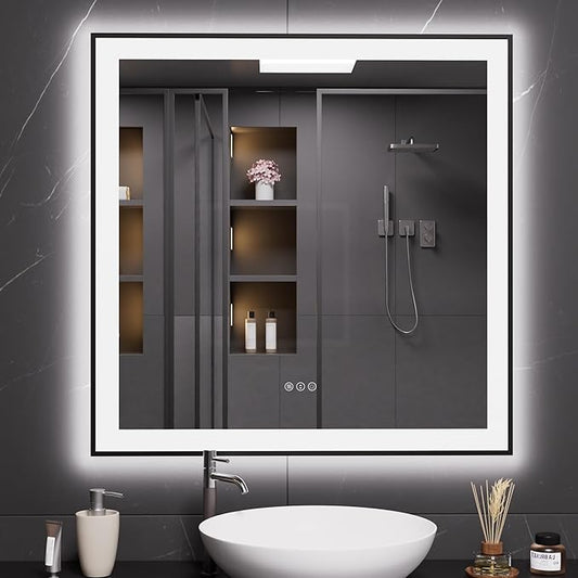 LOAAO 36"X36" LED Bathroom Mirror Black Framed, Anti-Fog, Dimmable, Lighted Bathroom Vanity Mirror for Wall, Memory Function, Tempered Glass