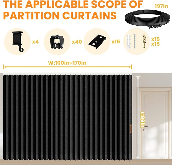 AJAZZ 100% Blackout Room Divider Curtains - with Flexible Ceiling Curtain Track, Noise Reduce Barrier for Portable Curtain for Sliding Glass Door/Space Room Divider r(Black, W180 x L96, 1 Pack)