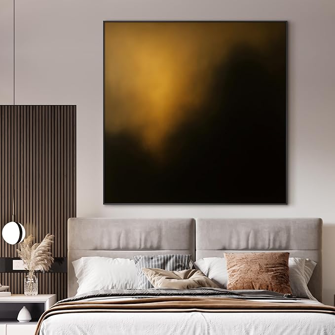 36"x36" Large Framed Wall Art - Dark Abstract Golden Light Glow on Black Modern Painting Minimalist Foggy Forest Tranquil (Frame Assembly Required)