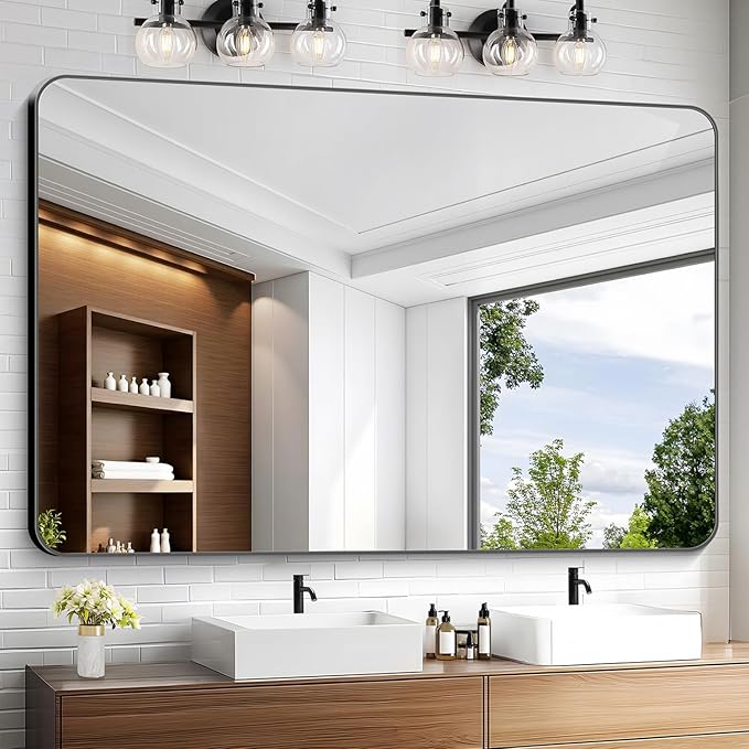 KOCUUY Black Bathroom Mirror 60"x40", Large Vanity Mirror with Rounded Corner, Metal Black Frame with Mordern Design for Bathroom, Living Room, Entryway, Hang Horizontal/Vertical