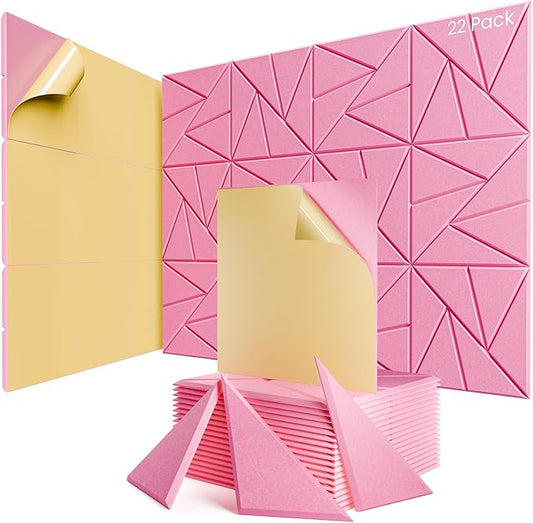 22 pack Acoustic Panels With Self-Adhesive, 12"X 12"X 0.4"Sound Proof Foam Panels, Sound Panels High Density, Soundproof Wall Panels for Home Studio Office Pink