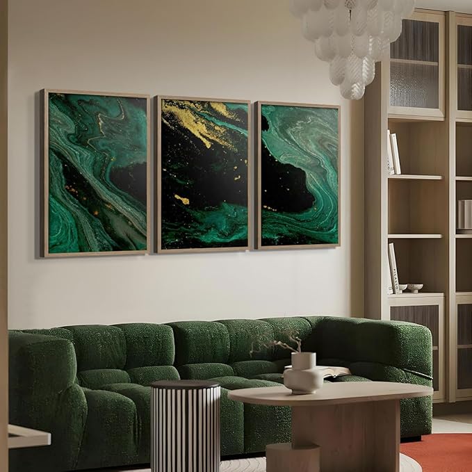 3pcs Wood Framed Green Black Abstract Canvas Wall Art - Deep Space Artwork - Modern Decorative Abstract Prints Posters - Living Room Bedroom Decorative Paintings Gallery Style Wall Hanging Pictures