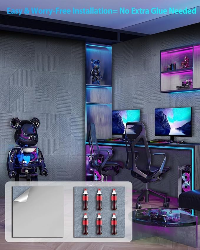 6 Pack Acoustic Wall Panels Self-Adhesive, 23.6" X 23.6" X 0.5" Decorative Acoustic Panels, Soundproof Wall Panels for Studio, Home & Living Room, Polyester - Grille Light Cement Gray