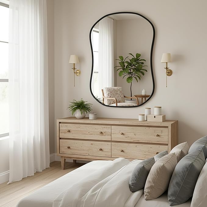 Asymmetrical Wall Mirror 24 * 32 Black Irregular Abstract Shatter-Proof Aluminum Alloy Decorative Wavy Framed Makeuop Mirrors for Bathroom, Bedroom, Cloakroom, Entryway