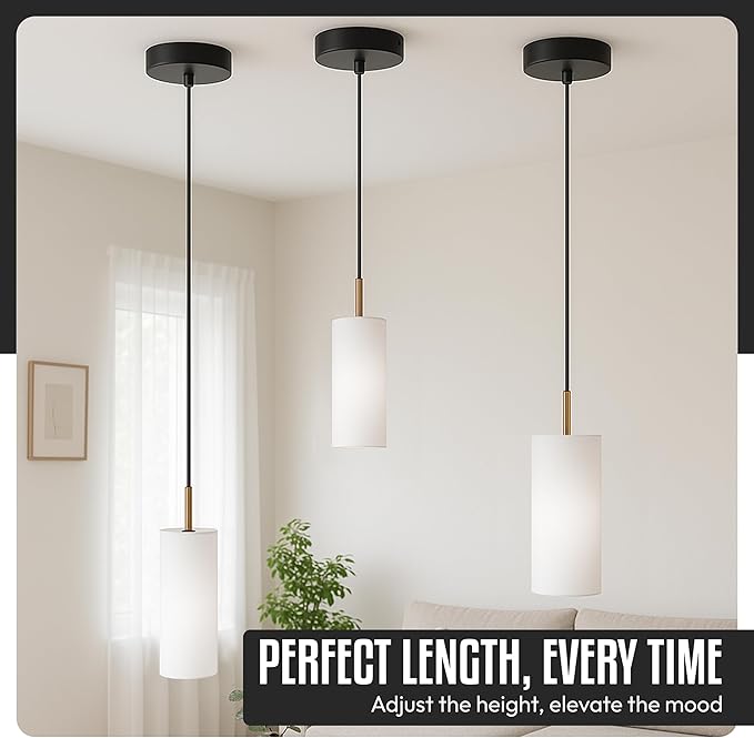 Luxury Black Pendant Light with Gold Finish and Warm White Bulb Included Adjustable Height - Farmhouse Pendant Light with Durable Glass for Dining Room Bedroom Office Bar Entryway