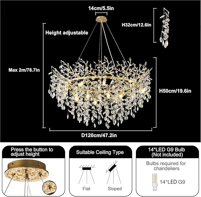 48 inch Crystal Chandelier for Dining Room, Round Gold Tree Branches Chandeliers, Top K9 Crystal Chandelier for Living Room, Modern Brass Chandeliers for Kitchen,Foyer Entryway