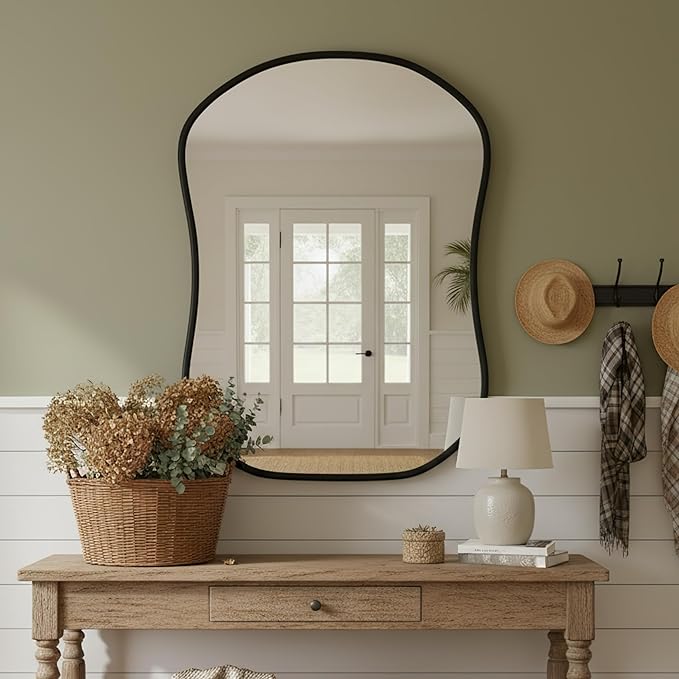 Asymmetrical Wall Mirror 26 * 36 Black Irregular Abstract Shatter-Proof Aluminum Alloy Decorative Wavy Framed Makeuop Mirrors for Bathroom, Bedroom, Cloakroom, Entryway