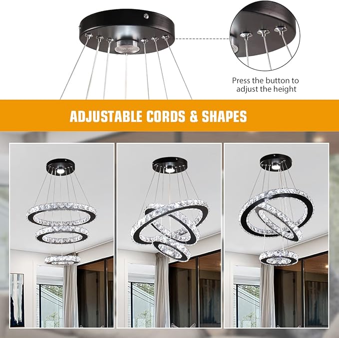 Modern LED Crystal Black Chandeliers 3 Rings Pendant Light Adjustable Height Ceiling Lamp for Dinning Room Bedroom Living Room (Cool White)