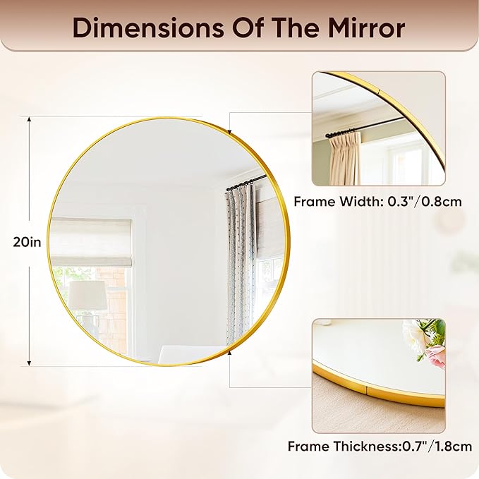 Antok Wall Mirror, 20"x20" Bathroom Vanity Mirror, Anti-Rust HD Tempered Glass, Wall Mounted Mirrors for Living Room, Entryway, Gold Frame, Round