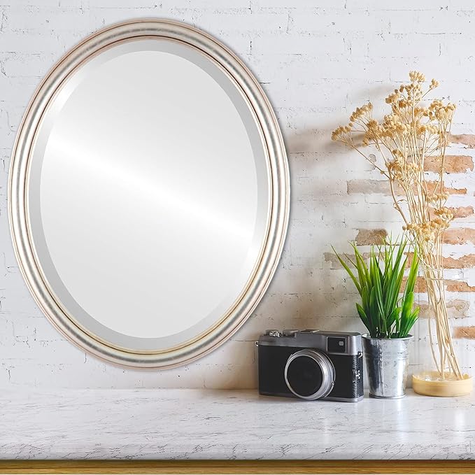 OVALCREST Oval Beveled Wall Mirror for Home Decor - Saratoga Style - Silver Leaf with Brown Antique - 22x26 Outside Dimensions