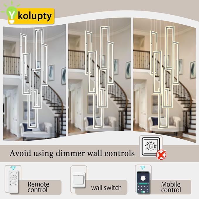 Modern Chandelier, Rectangle Chandeliers with 6 Ring Led Foyer Chandeliers,Larger High Ceiling Chandelier for Living Room,Entryway Staircase LED Dimming 2700k-6000k