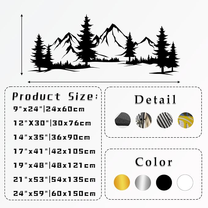 Metal Mountain Wall Art, Mountain Wall Decor, Forest Wall Hanging, Hill and Trees Metal Sign, Natrure Range Wall Art, Nature Landscape for Living Room (Silver, 19"x48"|48x121cm)