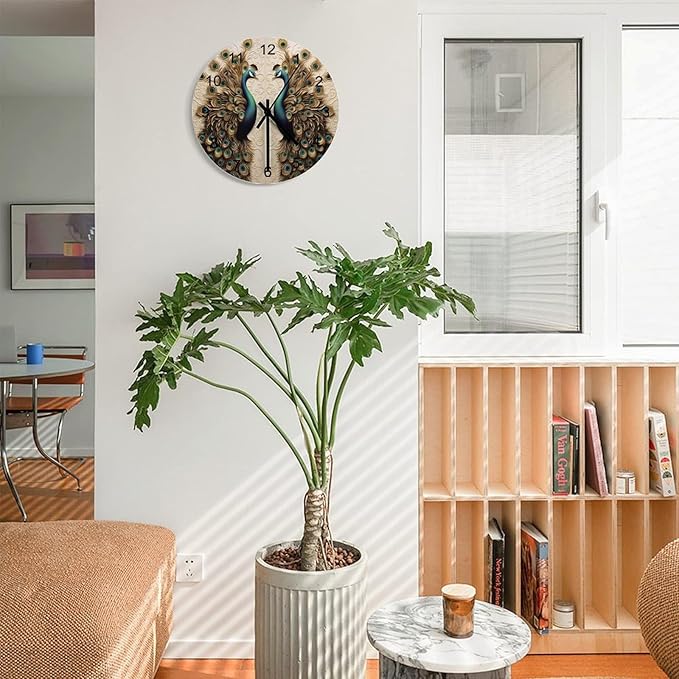 Black and Gold Peacock Bird-Themed Circular Wall Clock, Semi-Dark-Toned Peacock Room Personalized Decoration On The Grey High-End Background Wall, Wooden Silent Wall Clock 12x12INCH