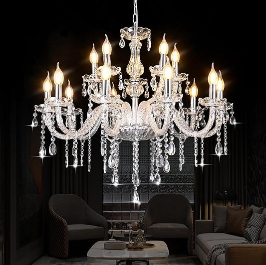 MALOSA Large Clear Crystal Chandeliers,30.7" Large Chandelier for Living Room,Bedroom,Dining Room,Hallway 15 Lights