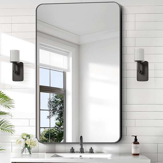 KOCUUY Black Bathroom Vanity Mirror, 30 x 48 inch Metal Frame Mirror with Rounded Corner, Rectangle Design of Upgraded Shatterproof Glass for Bathroom, Bedroom, Living Room, Entryway