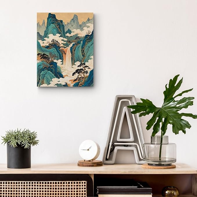 Japanese Waterfall Print Wall Art, Nature Landscape Mountains and Rivers Canvas Framed Prints Room Decor, Housewarming Gifts, Vintage Aesthetic Prints for Living Room Office Entryway 15x11.4 inch