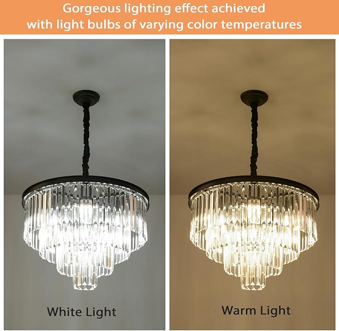 Black Modern Crystal Chandelier Lighting K9 Crystal Round Chandelier Hanging Ceiling Light Fixture 4-Tier Contemporary Crystal Pendant Light for Dining Room Living Room Bedroom 23.6inch