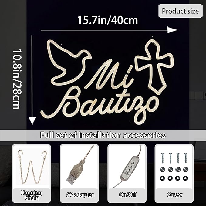 Mi Bautizo Neon Signs for Wall Decor, 15.7 * 10.8 inches Led Baptism Decorations, Perfect For Children's Birthday Party Decoration, Baptism, Bedroom, Garden, Birthday, Christmas, INSNEnN