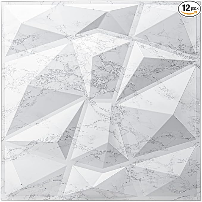 Art3d Textures 3D Wall Panels Glossy White Marble Diamond Design for Interior Wall Decor Pack of 12 Tiles 32 Sq Ft (PVC)
