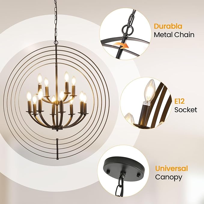Black Chandelier, 12-Light Farmhouse Chandelier for Entryway, 31.5" Round Pendant Light Fixtures, Industrial Foyer Lighting Fixtures, Large Chandeliers for High Ceilings, for Living Room, Staircase