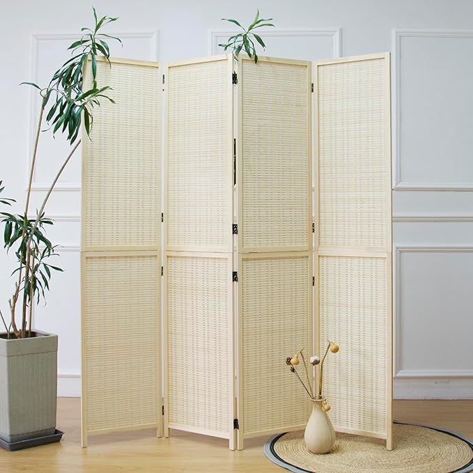 4 Panel Bamboo Room Divider and Folding Screen Divider,Two in One Detachable and Foldable Panel Divider for Room Separation,Beige,67" H x 61.4" W