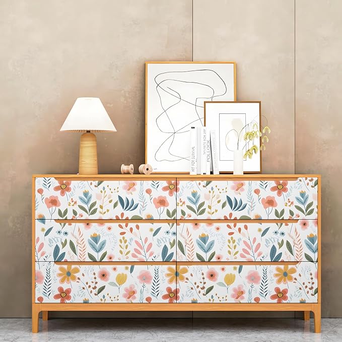 Colorful Floral Peel and Stick Wallpaper Leaf Vintage Contact Paper Cute White Floral Wall Paper Removable Wallpaper Self Adhesive for Cabinet Drawers Wall Decor 17.5''x393''
