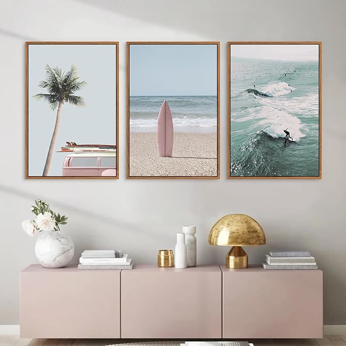 CHDITB Beach Framed Canvas Wall Art Set, Palm Tree Surfboard Seascape Wall Decor, Ocean Surfing Wall Painting, Coastal Art Print for Living Room, Bedroom, Dining Room, Bathroom - Large Size 16"x24"x3
