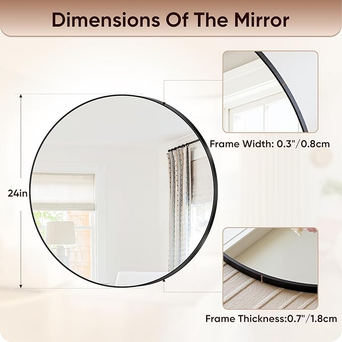 Antok Wall Mirror, 24"x24" Bathroom Vanity Mirror, Anti-Rust HD Tempered Glass, Wall Mounted Mirrors for Living Room, Entryway, Black Frame, Round