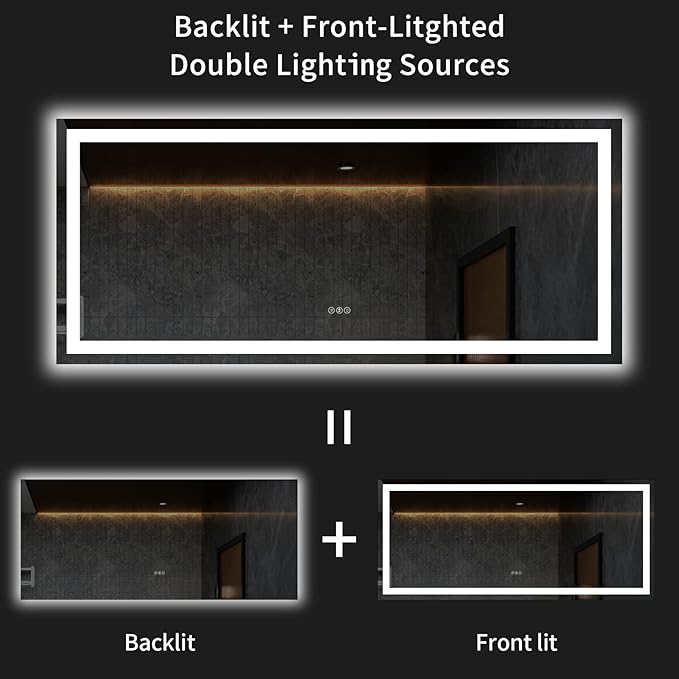 LOAAO 60X28 LED Bathroom Mirror with Lights, Anti-Fog, Dimmable, Backlit + Front Lit, Lighted Bathroom Vanity Mirror for Wall, Memory Function, Tempered Glass, ETL Listed