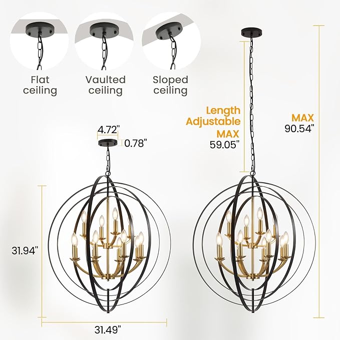 Black and Gold Chandelier, 12-Light Farmhouse Chandelier for Entryway, 31.5" Extra Large Round Pendant Light Fixtures, Foyer Chandeliers for High Ceilings, Rustic Ceiling Foyer Lighting Fixtures