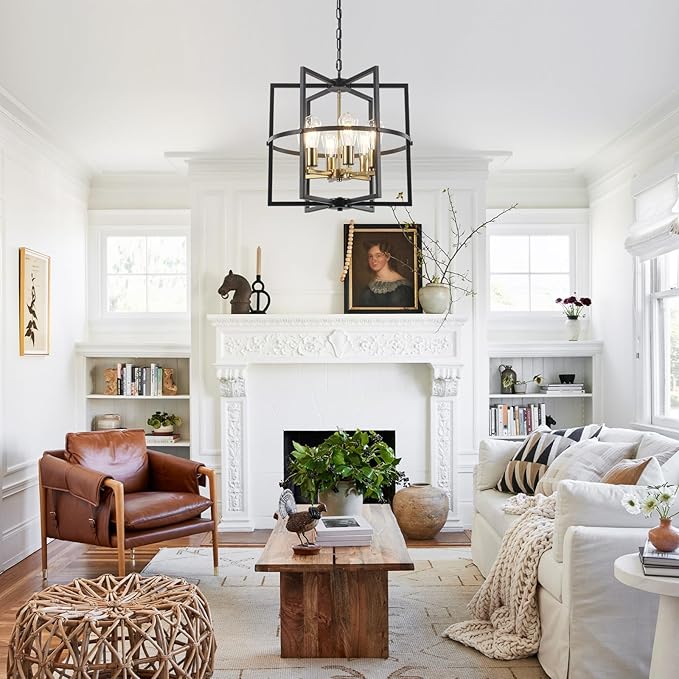 19'' Black and Gold Farmhouse Chandelier, Modern Rustic Pendant Light with Industrial for Dining Room, Kitchen Island, Entryway, Hallway