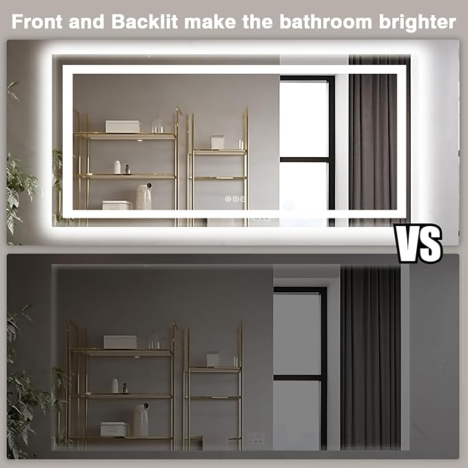 77"x36" Large LED Bathroom Mirror with Front & Backlit, Anti-Fog, Stepless Dimmable Vanity Mirror, 3 Colors Smart Mirror (Horizontal/Vertical)
