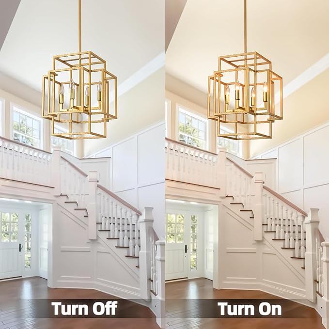 4-Light Modern Gold Chandelier, Farmhouse Dining Room Light Fixture, Industrial Ceiling Foyer Lighting Fixtures, for Kitchen Island Staircase Hallway Entryway