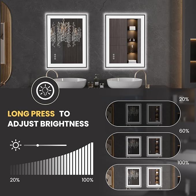 LOAAO 24"X32" LED Bathroom Mirror Black Framed, Anti-Fog, Dimmable, Lighted Bathroom Vanity Mirror for Wall, Memory Function, Tempered Glass