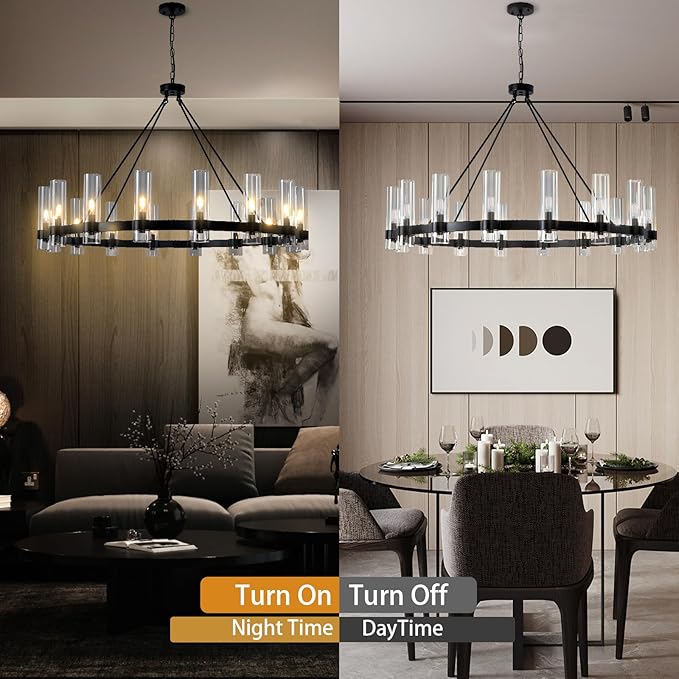 48" Black Wagon Wheel Chandelier, 16-Light Farmhouse Round Pendant Light Fixture with Glass Shade, Large Hanging High Ceilings Chandeliers for Dining Room Kitchen Foyer Entryway Living Room