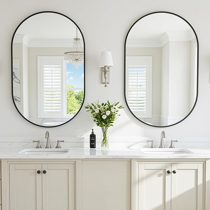 Antok 2PCS Wall Mirror, 24"x36" Bathroom Vanity Mirror, Anti-Rust HD Tempered Glass, Wall Mounted Mirrors for Living Room, Entryway, Hallway, Black Frame, Oval