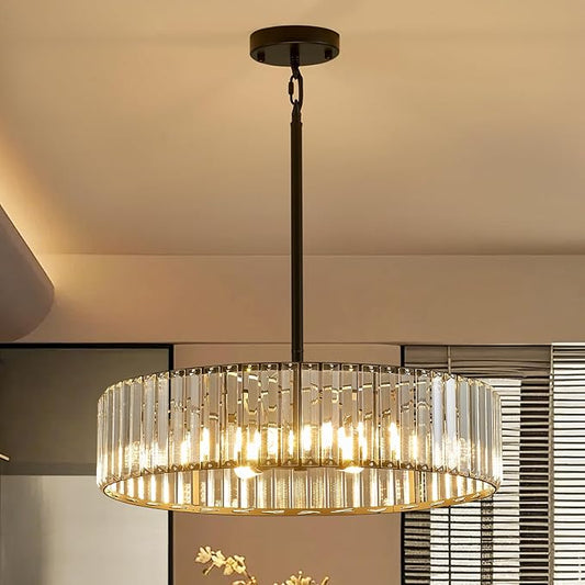 Modern Crystal Black Chandelier for Dining Room,19.7 inch Semi Flush Mount Ceiling Dining Room Light Fixture with E12 Base*6,Round Pendant Lighting for Bedroom Hallway Bathroom Foyer Kitchen