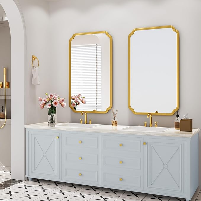 26"x40" Rustproof Bathroom Mirror Gold, Round Corner Metal Frame Wall Mirror, Horizontal/Vertical Hanging Over Sink, Bedroom Bathroom Decor