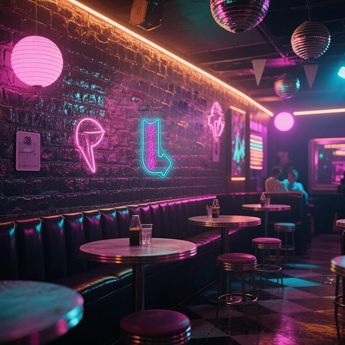 Looklight Disco Neon Signs for Wall Decor Pink Blue LED Word Light Sign Right-Pointing Arrow Neon Light USB Light Up Letters Sign for Disco Lover Music Bar Music Studio Rec Room Bedroom Party Decor