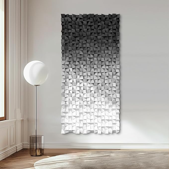 LIUZEYUE - Wooden Block Stereoscopic Painting Geometric Modeling Wall Decoration 3D Wooden Artwork Living Room Bedroom Background Wall Office Decoration Black and White Gradient 39.4 x 78.7 inches