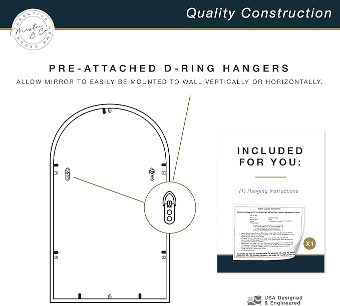 MCS Master & Co. Modern Metal Large Wall Mirror, Minimalist Home Decor Arch Mirror for Living Room, Bedroom, or Bathroom, 20 by 34 Inch, Brass