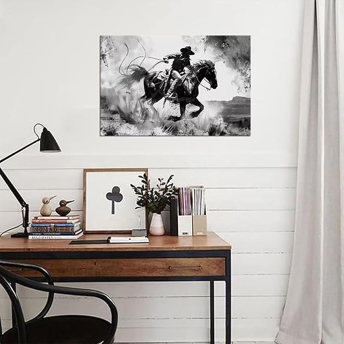 Black and White Western Cowboy Wall Art Pictures Southwestern Poster for Bedroom Living Room Office Home Decortion Prints Framed(12L" x 16W")