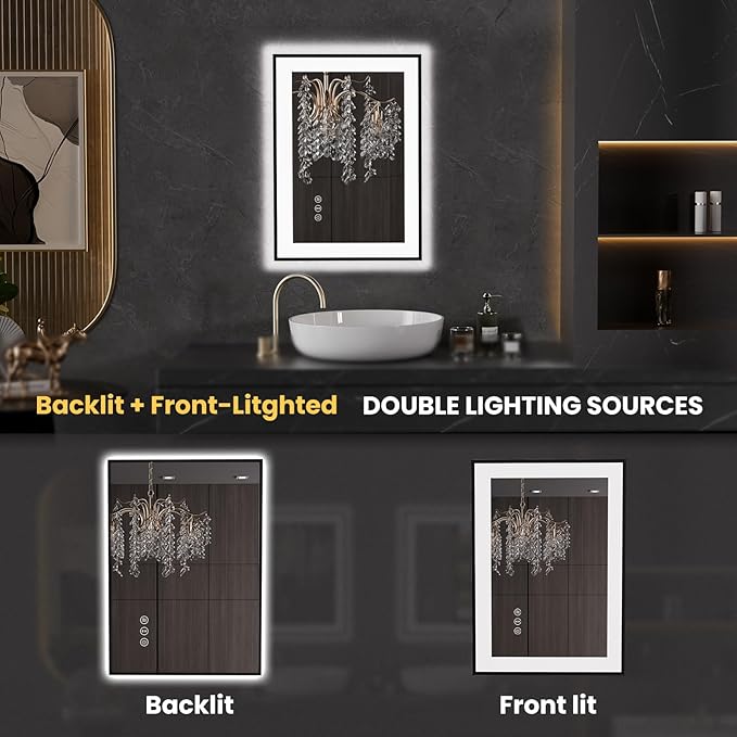 LOAAO 20"X28" LED Bathroom Mirror Black Framed, Anti-Fog, Dimmable, Lighted Bathroom Vanity Mirror for Wall, Memory Function, Tempered Glass