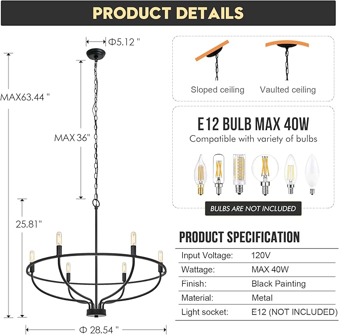 Black Dining Room Light Fixture, 6-Light Farmhouse Black Chandelier for Bedroom Metal Candle Chandeliers Hanging Lighting for Kitchen Living Room Entryway Foyer, 28.54in