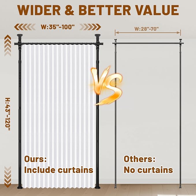 AJAZZ Privacy Curtains for Room Divider with Blackout & Soundproof (White, W100 x L84 in, 1 Panel)+ No Drill Curtain Rod(H) 43-120×(W) 35-100 in, Wall Divider for Bedroom/Studio/Office Curtain